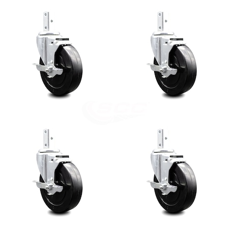 5 Inch Hard Rubber Wheel Swivel 7/8 Inch Square Stem Caster Set With Brake SCC